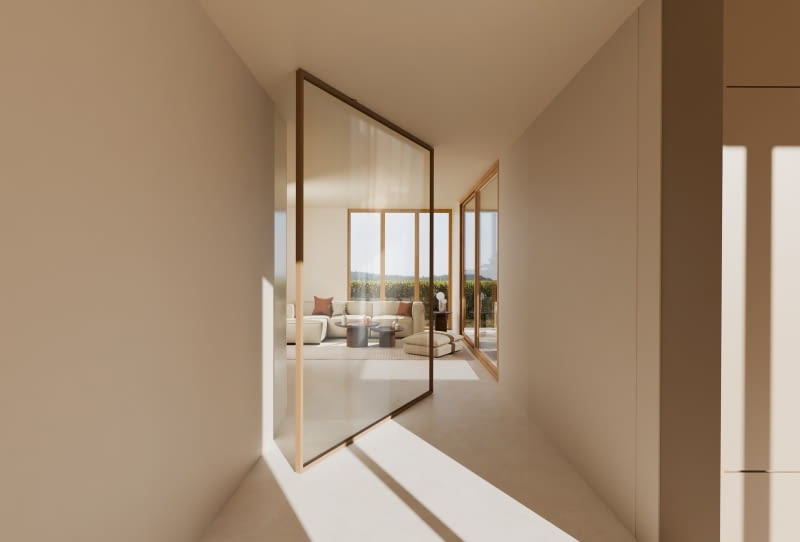 Efektowny obrót skrzydła wysokich, szklanych drzwi pivotowych dodaje wnętrzu dynamiki i lekkości, jednocześnie wprowadzając designerski akcent.