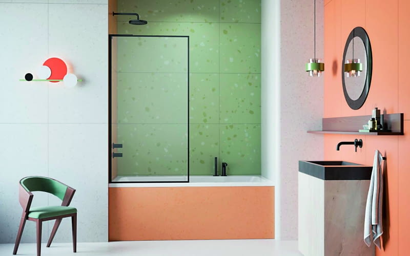 Ścianka stanowi barierę zapobiegającą przed  rozpryskiwaniem wody po całym pomieszczeniu. Dodatkowo, ciekawie wykończona, może  być elementem dekoracyjnym