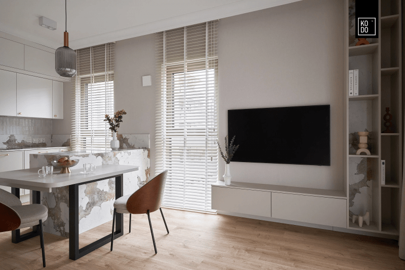 Eleganckie mieszkanie w bieli, beżach i szarości Eleganckie mieszkanie w bieli, beżach i szarości