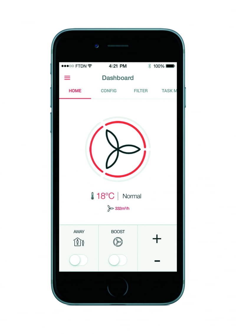 Zarządzać pracą wentylacji mechanicznej można wygodnie za pomocą aplikacji na smartfonie. Inna opcja to wykorzystanie sterownika na rekuperatorze Zarządzać pracą wentylacji mechanicznej można wygodnie za pomocą aplikacji na smartfonie. Inna opcja to wykorzystanie sterownika na rekuperatorze