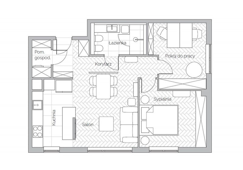 Plan mieszkania o powierzchni 63 m2 ; projekt: Małgorzata Słowińska i Maciej Balcerek prowadzący pracownię Perfect Space Premium Interiors