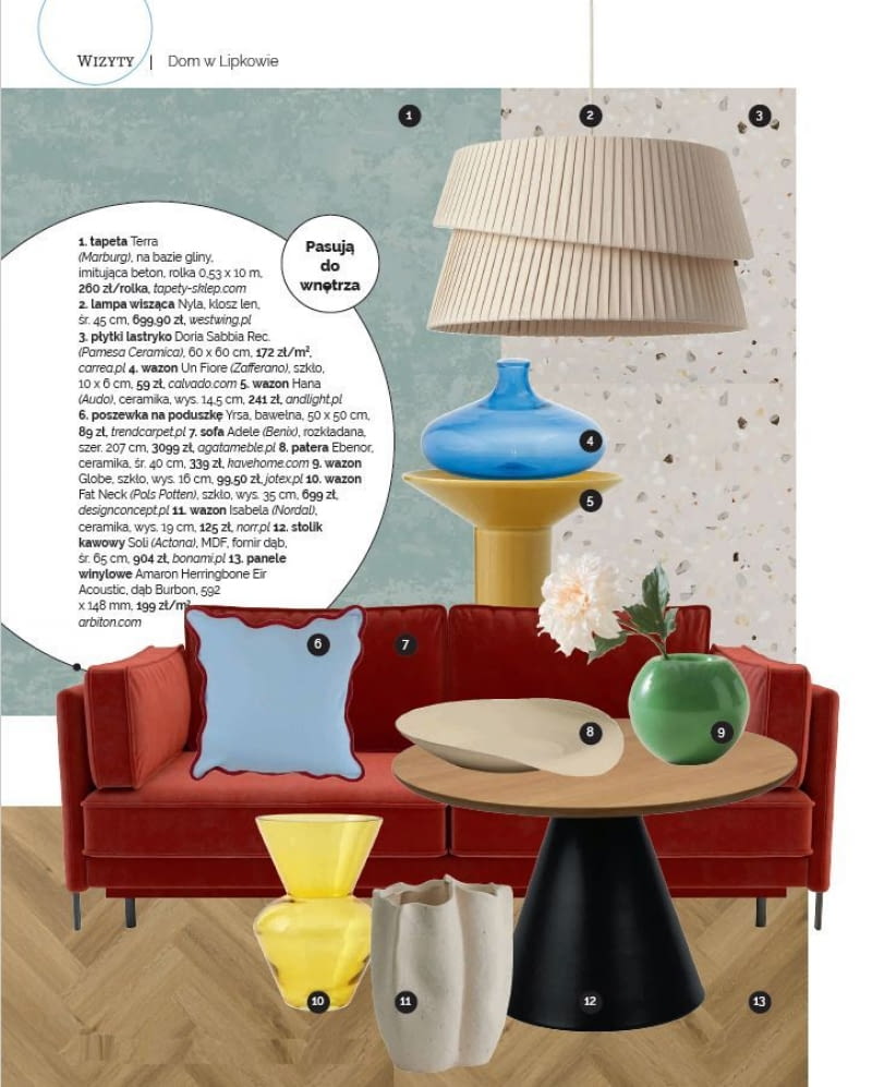 Meble i dodatki pasujące do prezentowanych wnętrz