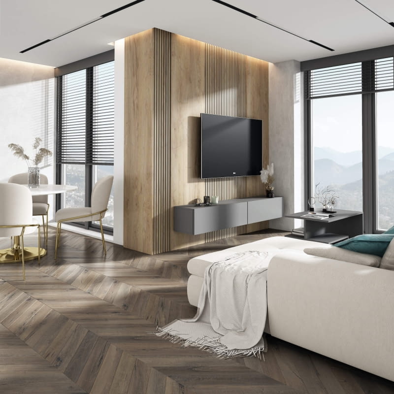 Lamelowe i gładkie panele ścienne to sprawdzony pomysł na wykończenie ściany medialnej.