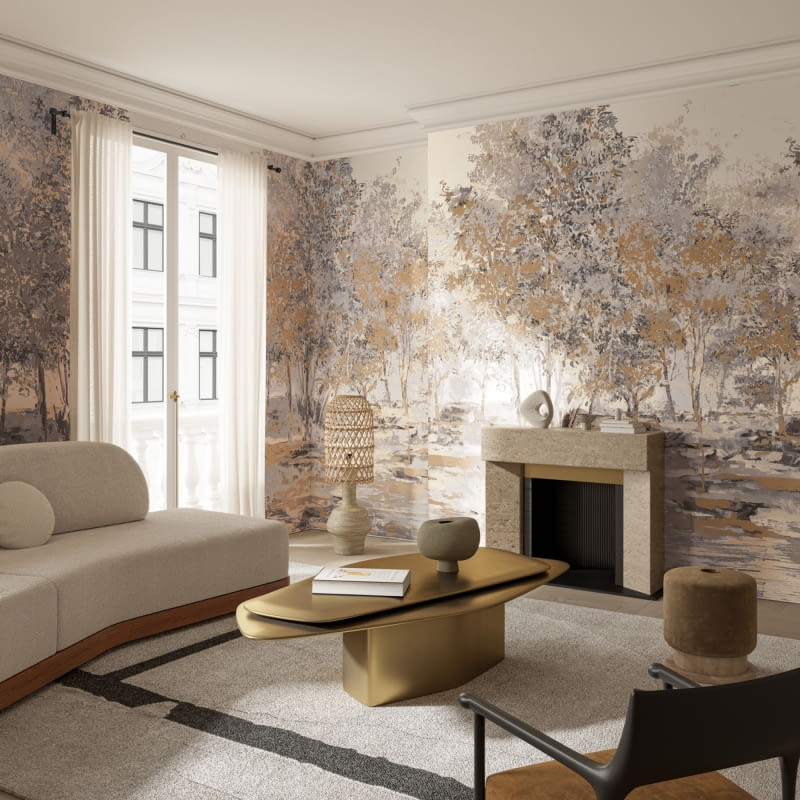 Kominek w oprawie tapety z ręcznie malowanym muralem przedstawiającym panoramę słynnego brytyjskiego lasu Sherwood - Arte Essentials Brushed Suede Sherwood 59641 Desert.