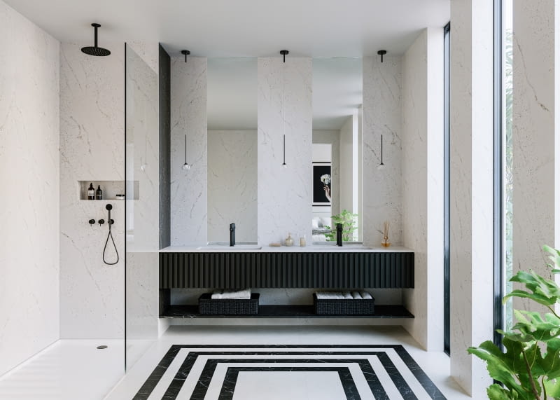 Świetlista estetyka, luksusowy wygląd i urzekające odcienie kwarcogranitu Silestone Eclectic Pearl marki Cosentino sprawiają, że idealnie pasuje on do rozmaitych projektów wnętrz, od nowoczesnych po klasyczne.