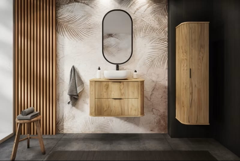 Szafka pod umywalkę i słupek Furnidea 139 cm + 80 cm dąb craft ryflowany Glamour zestaw Szafka pod umywalkę i słupek Furnidea 139 cm + 80 cm dąb craft ryflowany Glamour zestaw