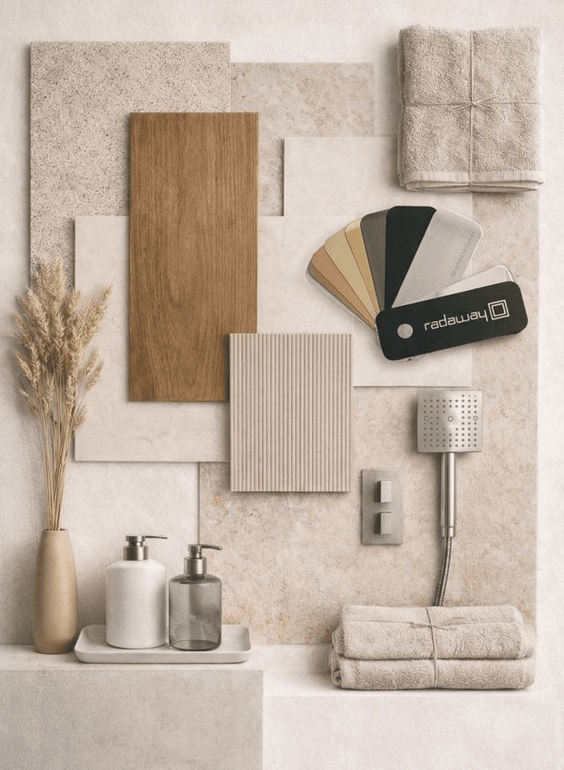 Moodboard do wnętrza z kabiną Radaway Nes KDJ II Brushed Nickel