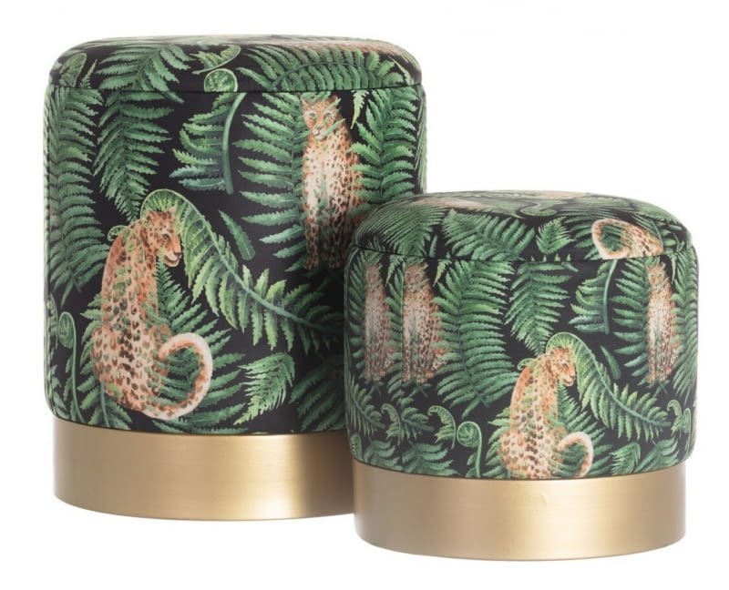 Komplet pufów Wild Cat, tkanina i metal, 30 x 35 cm i 31 x 42 cm, 457 zł, dekoria.pl Komplet pufów Wild Cat, tkanina i metal, 30 x 35 cm i 31 x 42 cm, 457 zł, dekoria.pl