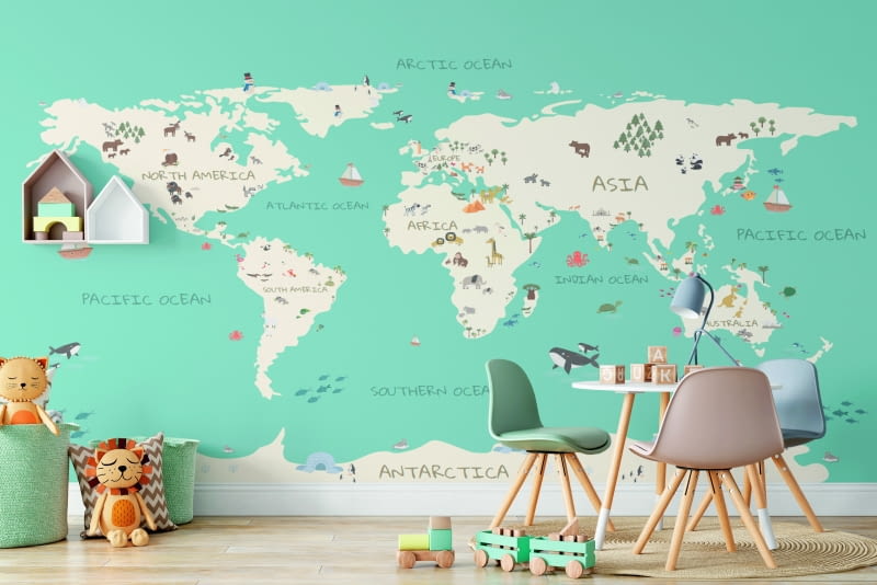 Tapeta edukacyjna REVE Kids zmieni ścianę w mapę świata – pełną zwierząt, kontynentów i oceanów. Delikatna grafika wesprze rozwój dziecka bez nadmiernego stymulowania jego zmysłów. Tapeta edukacyjna REVE Kids zmieni ścianę w mapę świata – pełną zwierząt, kontynentów i oceanów. Delikatna grafika wesprze rozwój dziecka bez nadmiernego stymulowania jego zmysłów.