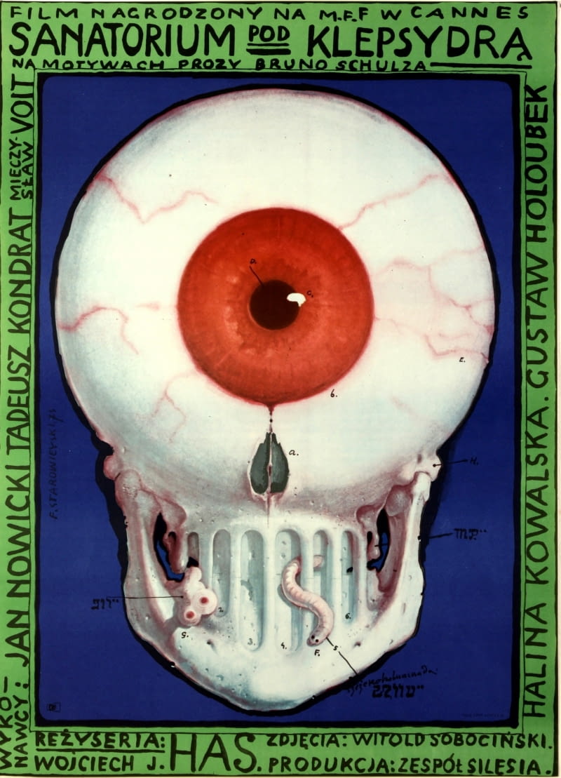 Plakat do surrealistycznego filmu Wojciecha Hasa „Sanatorium pod klepsydrą”. W filmie, nakręconym na podstawie książki Brunona Schulza, w rolach głównych występują Gustaw Holoubek, Tadeusz Kondrat, Jan Nowicki.