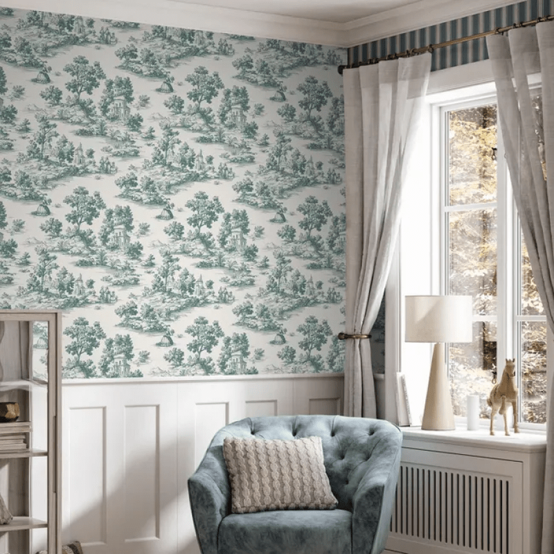 Tapeta nadruk toile de jouy zielonym - 53 cm x 10 m - SANDERS & SANDERS