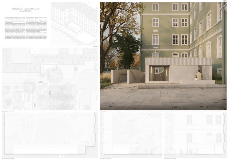 Wyróżnienie II stopnia przyznano pracy nr 1173, MIĘDZY MURAMI, autorstwa Mikołaja Gniadzika i Michała Gursztyna. Wyróżnienie II stopnia przyznano pracy nr 1173, MIĘDZY MURAMI, autorstwa Mikołaja Gniadzika i Michała Gursztyna.