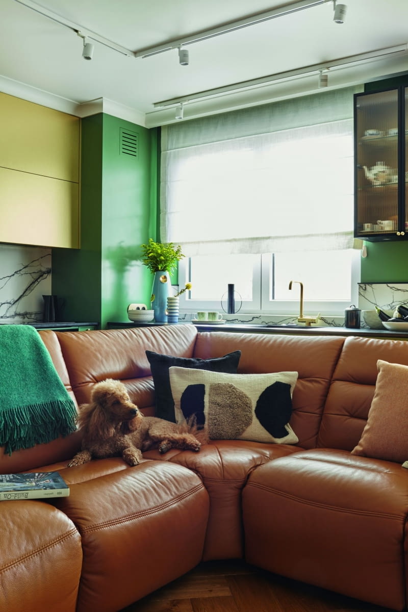 W tym mieszkaniu wszystko pasuje do siebie idealnie. Nawet psi pan domu wpisuje się w kolorystykę salonu, którą reprezentują ciepłe barwy drewna i rudości oraz zieleni, a dopełniają błyszczące, złote oraz mosiężne elementy.