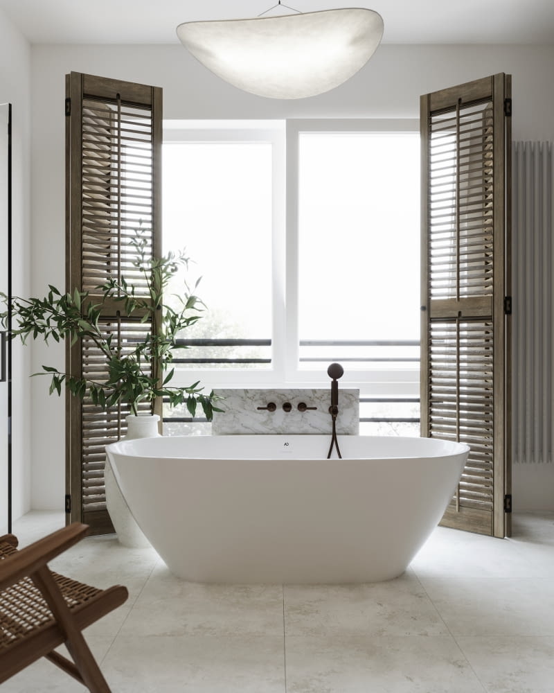 Minimalistyczna wanna odnajdzie się w stylu skandynawskimi, gdzie dominują jasne kolory, proste formy i naturalne materiały.