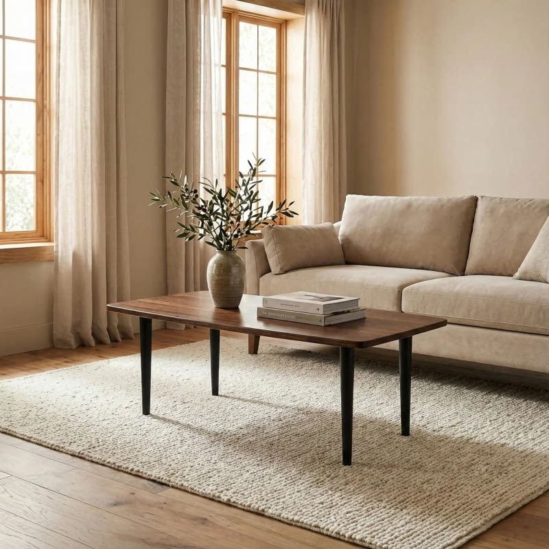 Stolik Mon - blat z wyrazistym rysunkiem drewna i delikatnie nieregularną krawędzią, 115 x 57 cm, 1561 zł.