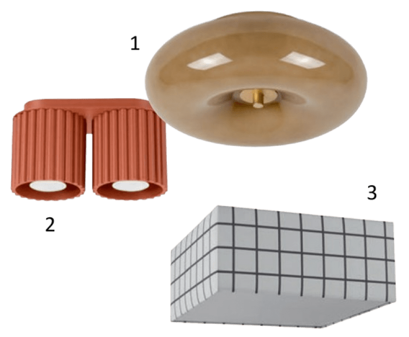 1. Plafon Sentino (Ludice), szkło, śr. 30 cm, 359 zł, blowupdesign.pl; 2. Lampa sufitowa Aura 2 Maxi (Sollux), metal, śr. klosza 10 cm, 299 zł, ardant.pl; 3. Lampa sufitowa Ardo, poliester, akryl, 45 x 45 x 20 cm, 199,60 zł, jotex.pl