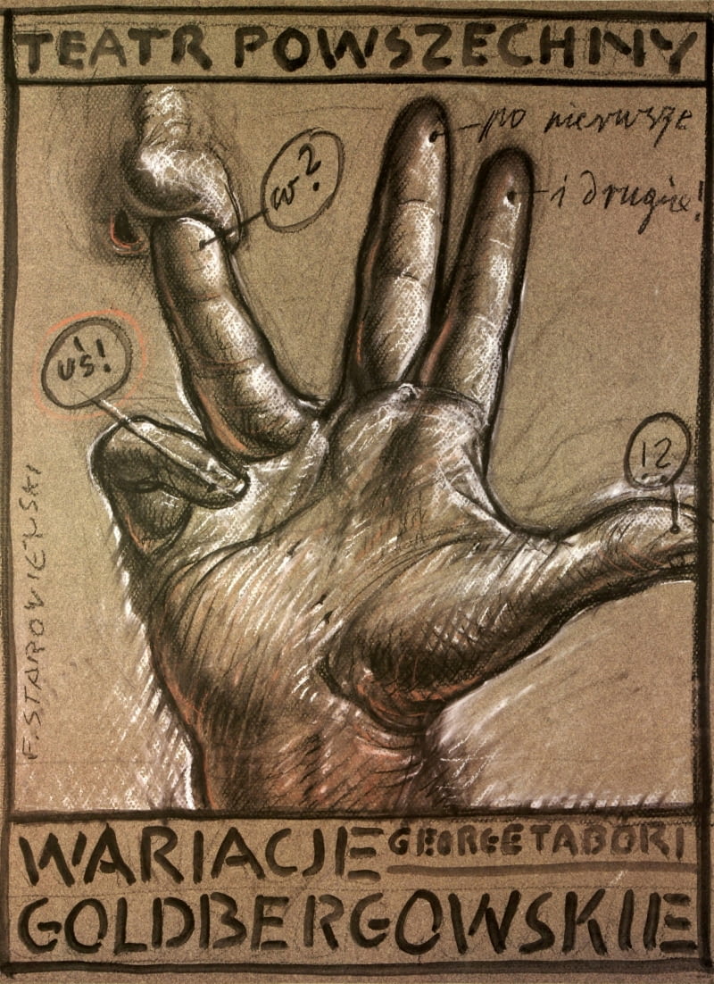 Plakat do sztuki „Wariacje Goldbergowskie” wystawianej w Teatrze Powszechnym w Warszawie. Rok wydania: 1994.