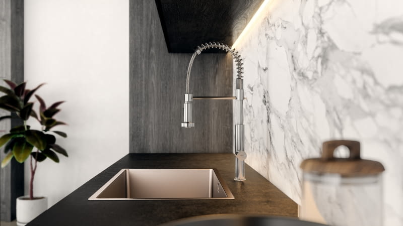 Bateria z funkcją prysznica łączy tradycyjną funkcję kranu z możliwością korzystania z wysuwanego natrysku, który ułatwia mycie naczyń, owoców czy warzyw.