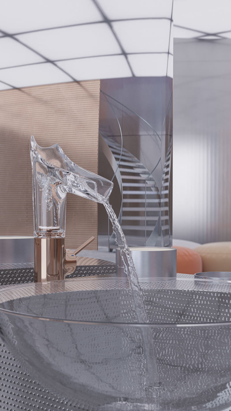 Wyrzeźbiony ze szkła kryształowego korpus armatury można obracać w zakresie 360° – pozwala to na optymalne ustawienie otwartej wylewki tak, aby woda nie pryskała Strefa umywalki