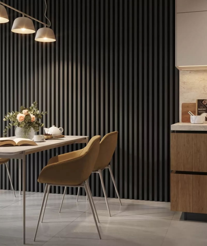 Gładka, jednorodna powierzchnia lameli wykonanych z lakierowanego MDF-u wygląda bardzo nowocześnie, zwłaszcza w grafitowym wydaniu od Weneve/Lamele3d.pl.