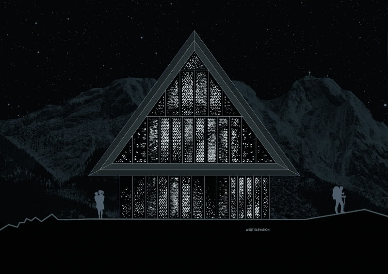 Jeden z rysunków koncepcyjnych ukazujących idee projektowe stojące za tą realizacją – nowoczesny i komfortowy dom jest w rzeczywistości elementem surowego pejzażu górskiego z Giewontem w tle Jeden z rysunków koncepcyjnych ukazujących idee projektowe stojące za tą realizacją – nowoczesny i komfortowy dom jest w rzeczywistości elementem surowego pejzażu górskiego z Giewontem w tle