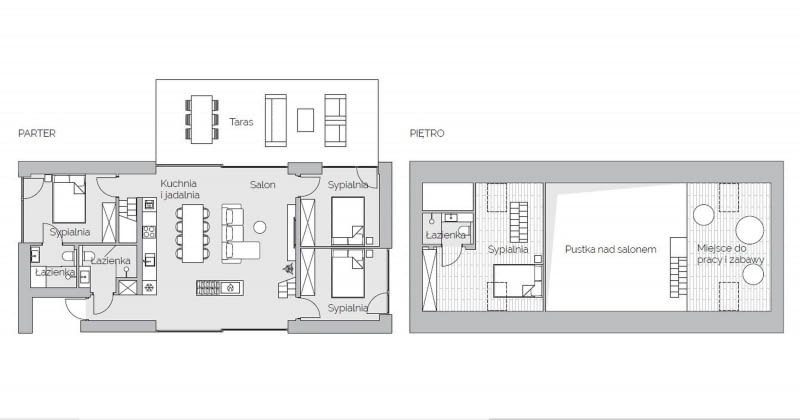 Plan domu: parter i piętro; projekt: Piotr Kowalczyk / Archmondo Plan domuy: parter i piętro; projekt: Piotr Kowalczyk / Archmondo
