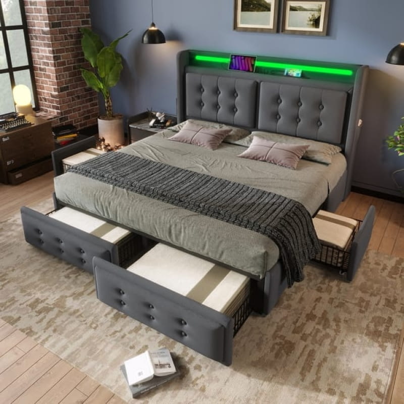 Lit 140x200 z poduszką i 4 szufladami do przechowywania - Głowa łóżka z LED i portami USB-C Lit 140x200 z poduszką i 4 szufladami do przechowywania - Głowa łóżka z LED i portami USB-C