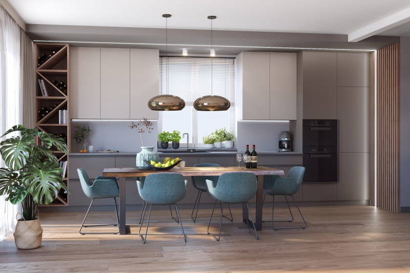 W otwartej na przestrzeń dzienną kuchni często zabudowa ułożona jest w linii prostej. Nie jest to najwygodniejszy rozkład, warto jednak urządzić ją zgodnie z zasadą trójkąta roboczego oraz ogólnie przyjętych zasad ergonomii.