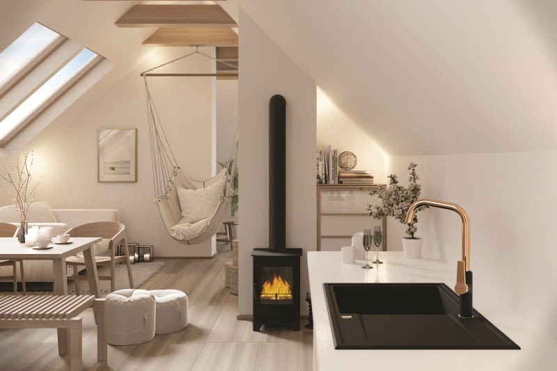 Wnętrza w stylu skandynawskim urządzane są z umiarem, ale jest w nich także miejsce na intrygujące, wyróżniające się akcenty – takie jak złoto-czarna bateria kuchenna.