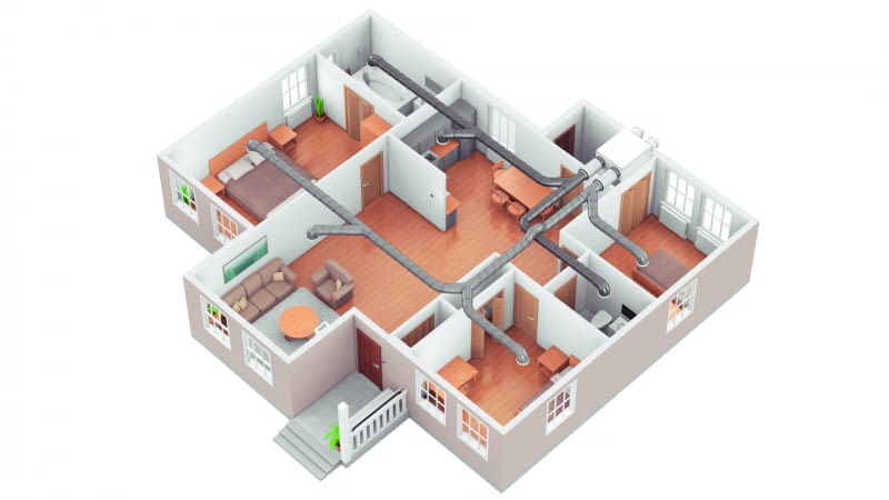 W rekuperacji centralnej montuje się system kanałów obejmujący cały dom W rekuperacji centralnej montuje się system kanałów obejmujący cały dom