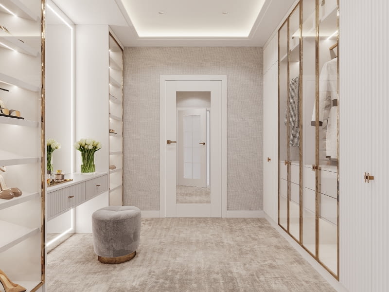 Celowe wprowadzenie niewielkiego kontrastu w postaci zestawienia koloru drzwi z podłogą i ścianami podkreśla wyjątkowy charakter wnętrza. Celowe wprowadzenie niewielkiego kontrastu w postaci zestawienia koloru drzwi z podłogą i ścianami podkreśla wyjątkowy charakter wnętrza.