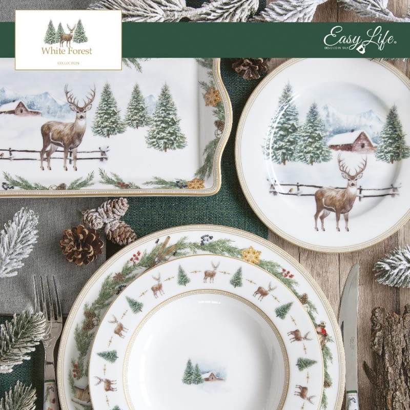 BN Porcelana Easy Life White Forest Patera na ciasto 35cm biała z jelonkiem i choinką