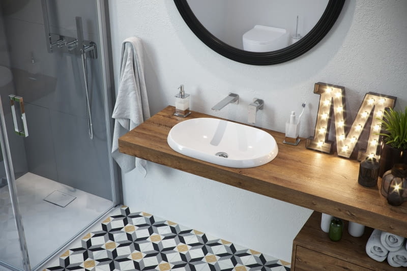 Uniwersalny wzór, dyskretny, niebanalny design oraz dbałość o szczegół – taka umywalka pięknie zaprezentuje się w nowoczesnej łazience, w otoczeniu drewna i płytek o ciekawym wzorze, Lupio, Excellent