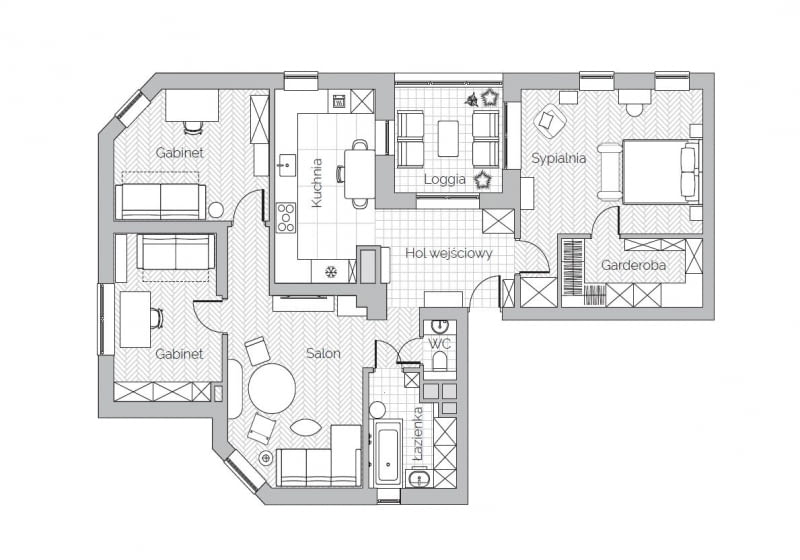 Rzut mieszkania - 98 m2 w Warszawie, projekt wnętrz: Olga Fiedorowicz-Karpińska Rzut mieszkania - 98 m2 w Warszawie, projekt wnętrz: Olga Fiedorowicz-Karpińska