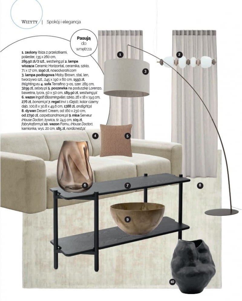 Meble i dodatki pasujące do prezentowanych wnętrz