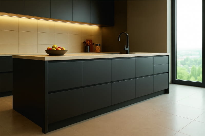 Wydzielenie stref za pomocą wyspy kuchennej to praktyczne rozwiązanie, wzbogacające wnętrze o dodatkowe miejsce na przechowywanie.