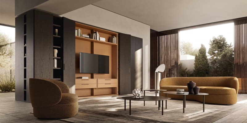 Ekran telewizora można ukryć w zabudowie, po zamknięciu drzwi nie będzie widoczny. Warto też zadbać o ładne wykończenia wnętrza szafy – podczas oglądania telewizji nic nie zakłóci estetyki salonu.