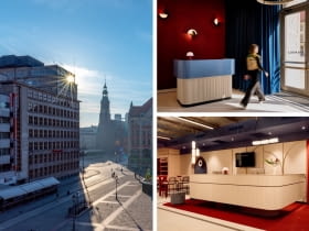 Fot. z lewej: budynek dawnej Miejskiej Kasy Oszczędności we Wrocławiu; Fot. z prawej: wnętrza B&B HOTEL Wrocław Old Town, proj.  AKA Studio