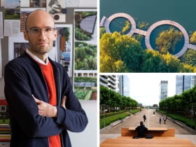 Z lewej: Paweł Grobelny; Z prawej na górze: zagospodarowanie nabrzeża Jeziora Słupeckiego; Z prawej na dole: Platformy do pracy i odpoczynku w La Defense w Paryżu