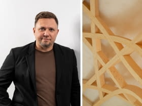 Z lewej: arch. Maciejem Zuber; z prawej: drewno klejone krzyżowo