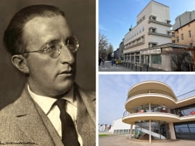 Z lewej: Erich Mendelsohn; Z prawej na górze: Dom Tekstylny Weichmanna w Gliwicach; Z prawej na dole: De La Warr Pavilion w Bexhill-on-Sea