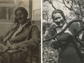 Fot. z lewej:  Barbara Brukalska w holu domu własnego przy ul. Niegolewskiego 8 w Warszawie; Fot. z prawej: Helena Syrkus, lata 30. XX w., fotografia, zbiory Muzeum Sztuki w Łodzi
