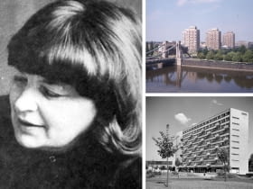 Z lewej: Jawiga Grabowska-Hawrylak; Z prawej u góry: osiedle "Manhattan", Z prawej na dole: Dom Naukowca przy placu Grunwaldzkim