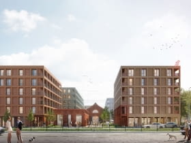 Zabudowa terenu dawnej fabryki Perun przy ul. Grochowskiej 301/305 w Warszawie - widok od strony ul. Grochowskiej. Proj. WWAA