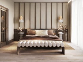 Jasne, stonowane barwy: beże, kremy i ciepłe szarości podkreślają urodę ciemnego drewna, nie obciążając przestrzeni.