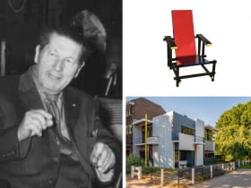 Z lewej: Gerrit Rietveld; Z prawej na górze: Czerwono-niebieskie krzesło ; Z prawej na dole: Dom Rietvelda w Utrechcie