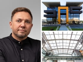 Z lewej: Maciej Zuber; Z prawej: biurowiec JSW w Katowicach