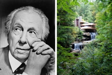 Z lewej: Frank Lloyd Wright; z prawej: Fallinwater (Dom nad wodospadem)