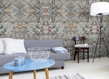 ]Grey living room in minimalist style with sofa, small table, two chairs, desk, and floor lamp