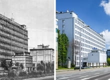 Z lewej: Siedziba Zakładów Radiowych im, Marcina Kasprzaka w Warszawie ok. 1975 roku/ Z prawej: hostel A&O Wola w 2020 roku